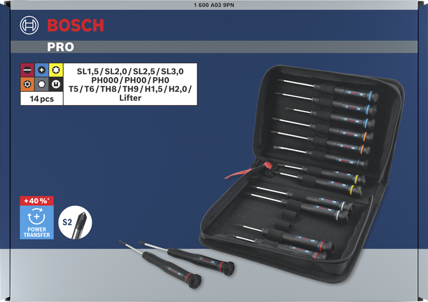 مجموعة مفكات دقيقة من Bosch برو، 14 قطعة مع ترميز لوني.